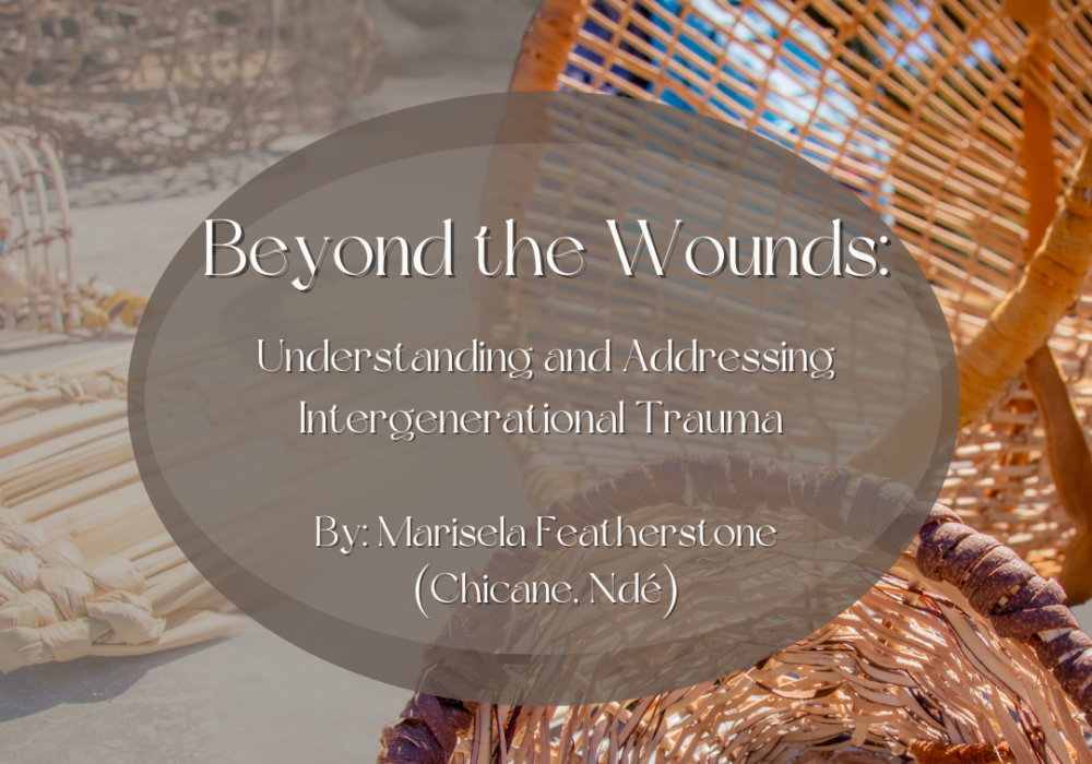 New Blog graphic with handwoven baskets as the background. In the center is a gray circle that states the title of the blog and author. Beyond the Wounds: Understanding Intergenerational Trauma written by Marisela Featherstone.